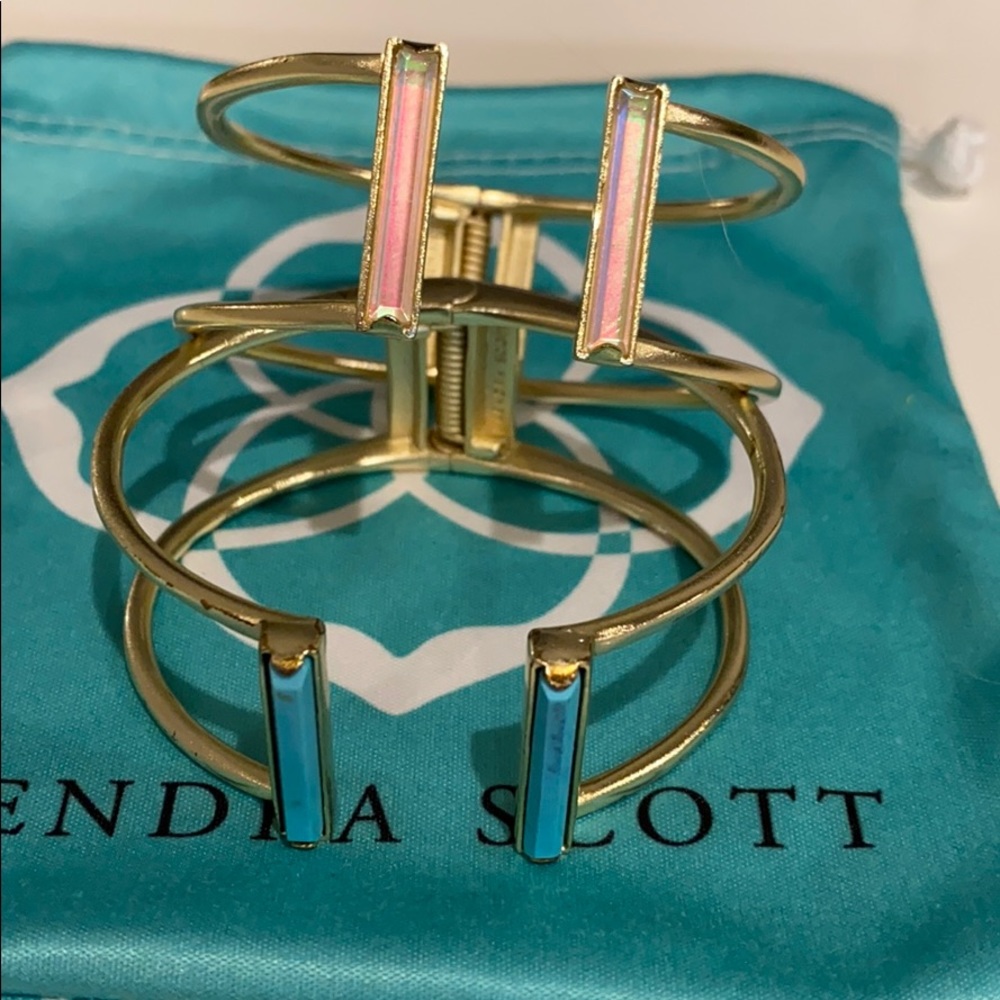 Two KS hinge cuffs- turquoise and iridescent, gold
